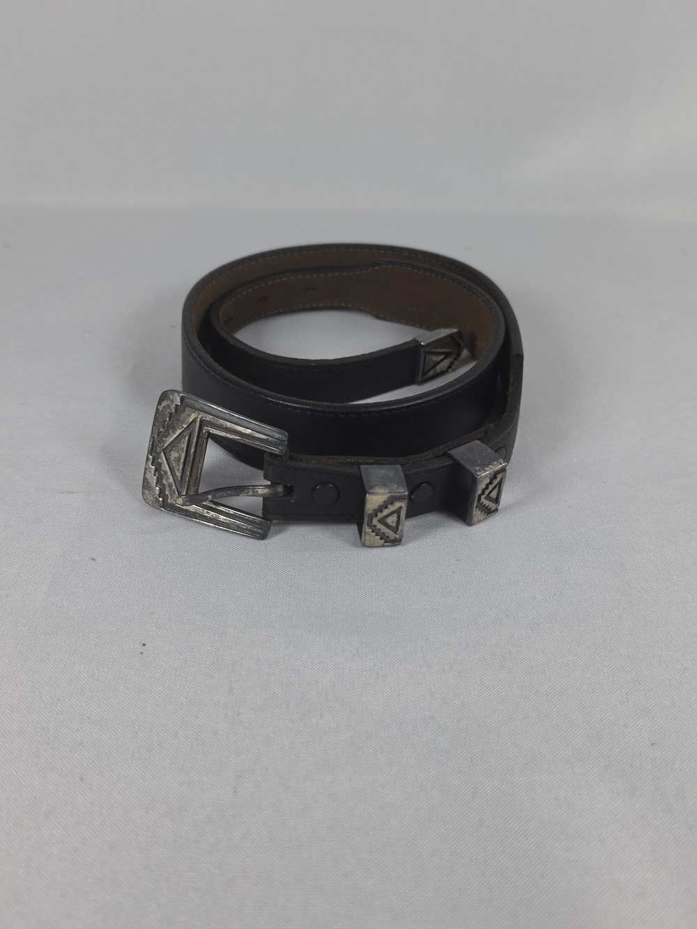 L.K.E.E. Sterling Silver Navajo Style Ranger Belt Black Leather 28 Vintage